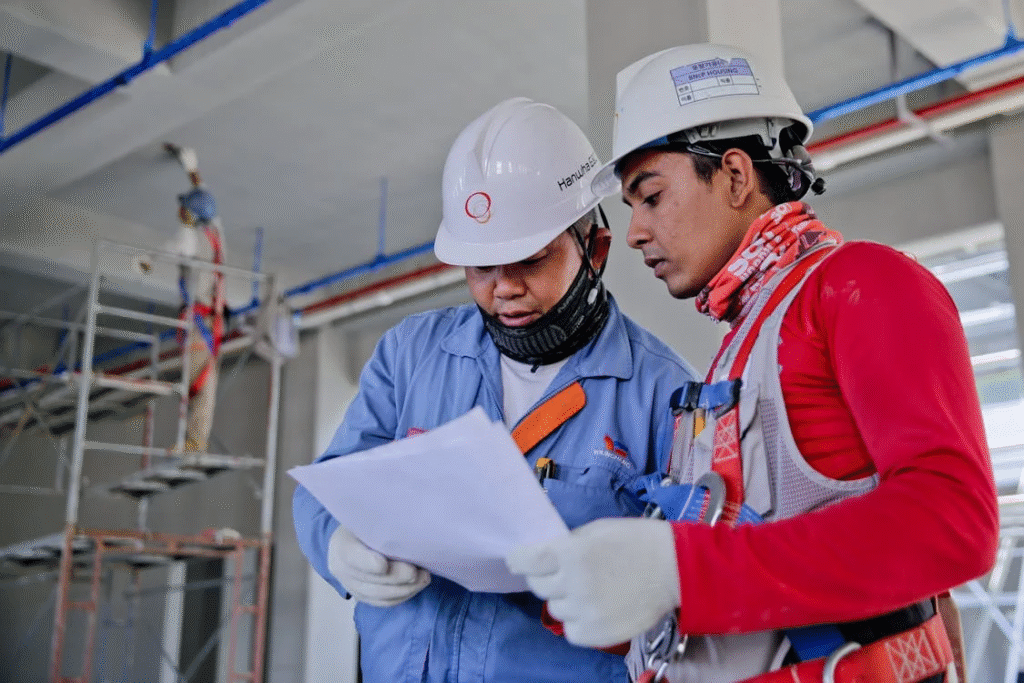 Construction workers reviewing a document