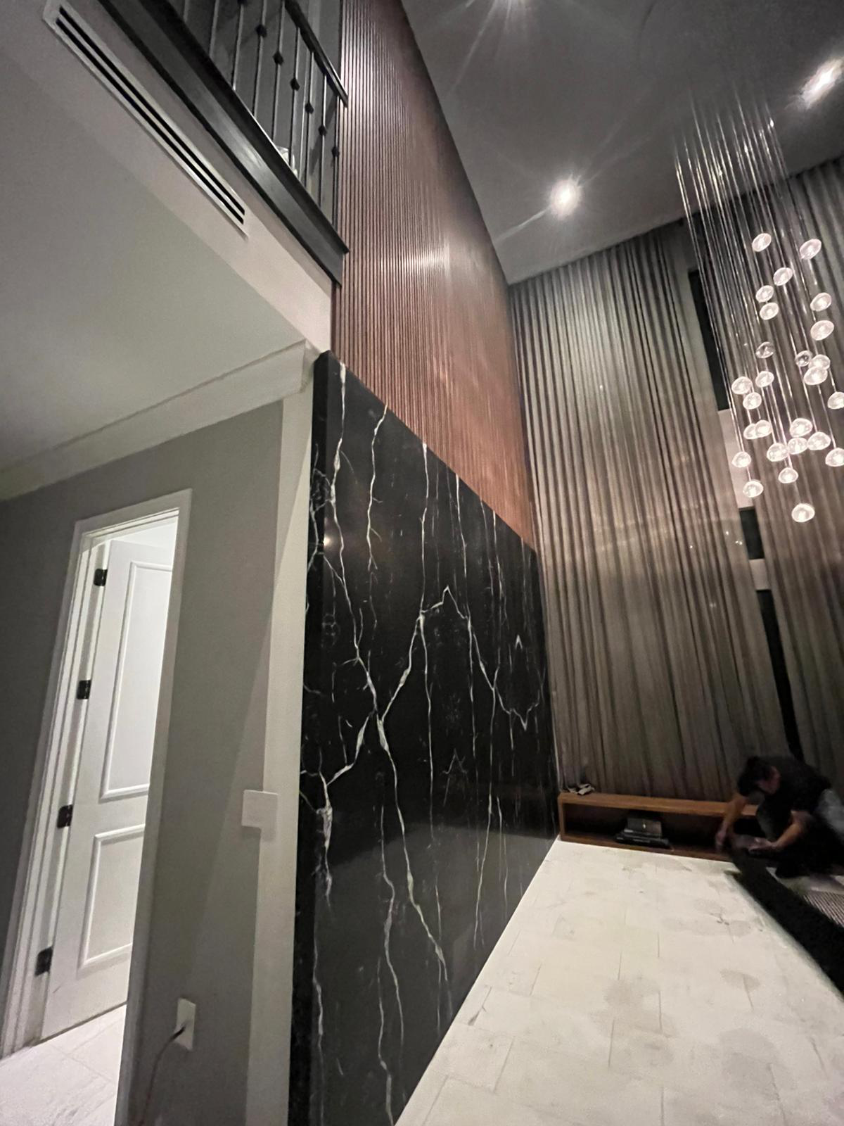 an interior space with pendant lights